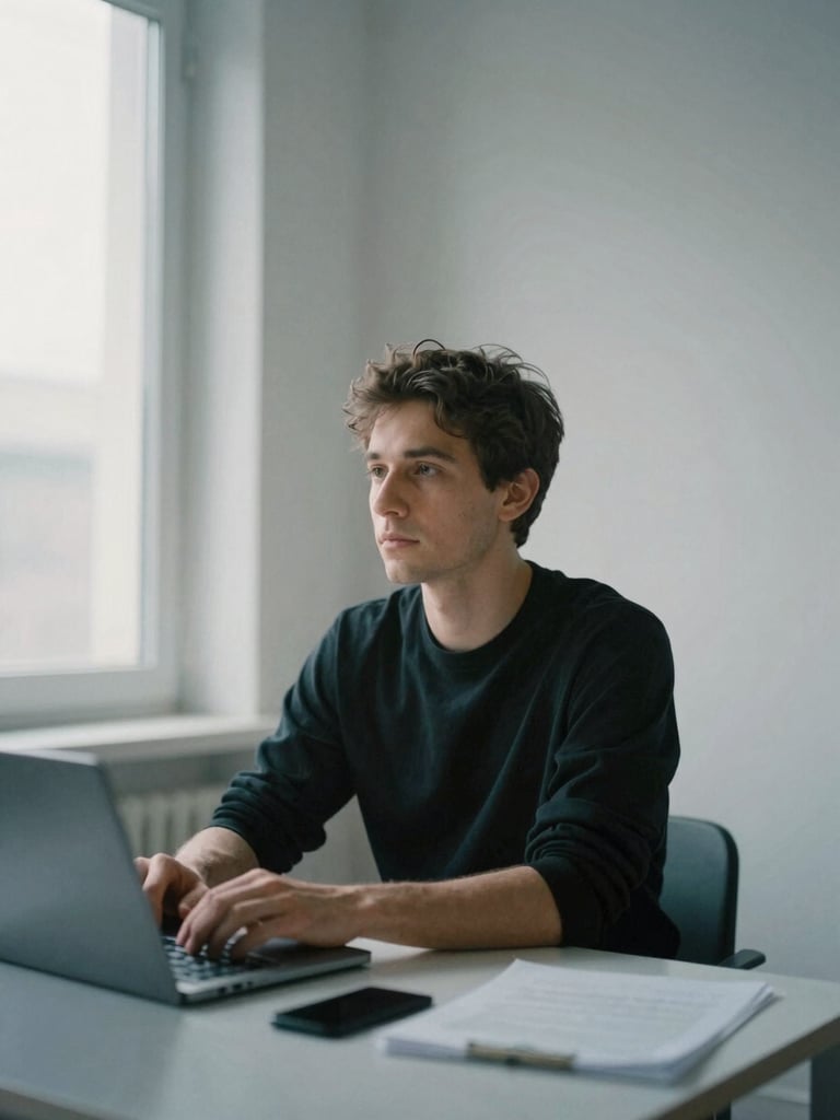 A thoughtful portrait of a male technology analyst in a minimalist workspace, soft diffused natural window light, desaturated cool tones, sharp focus, 35mm film aesthetic