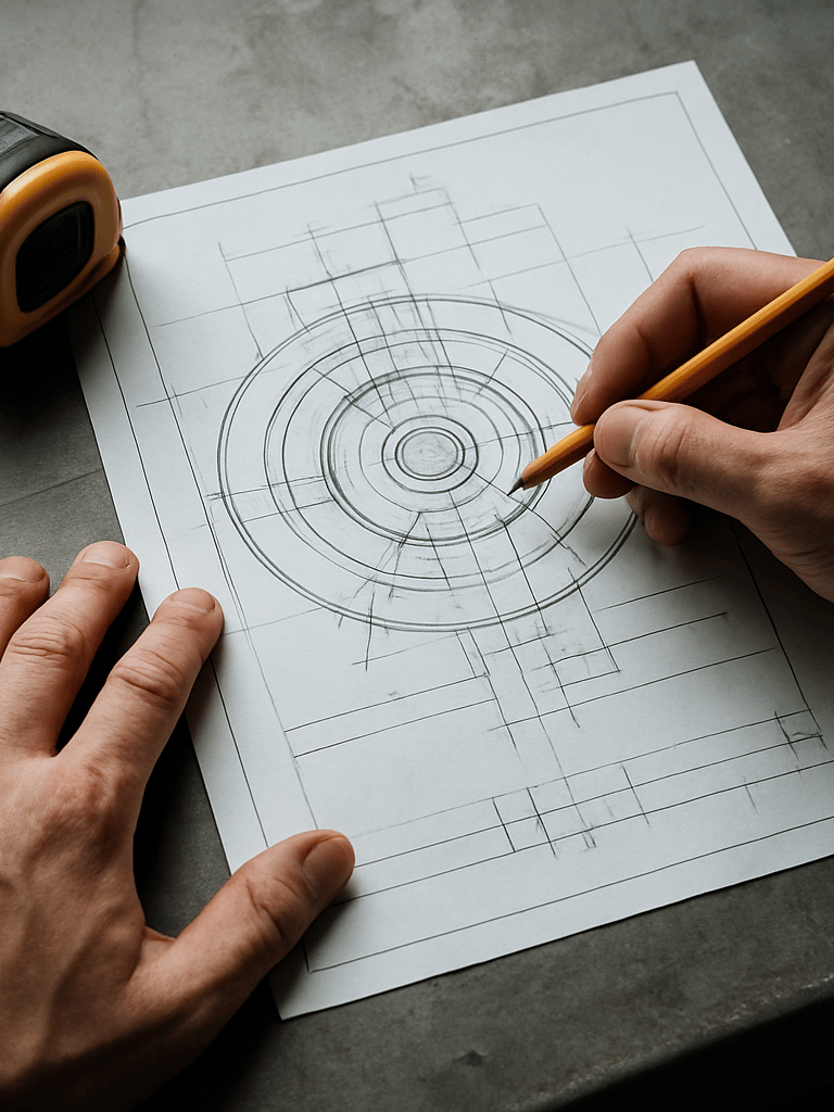 Close-up overhead view of hands reviewing a printed mechanical engineering drawing on a steel workbench, pencil and measuring tape resting alongside, soft diffused daylight from a high warehouse window, no people's faces visible