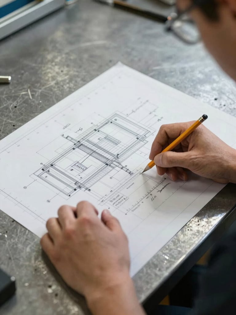 Close-up overhead framing of a technician's hands reviewing a printed technical drawing spread flat on a steel workbench in a fabrication shop, soft north-facing warehouse daylight, pencil marks and measurement annotations visible on the print, metal shavings near the edge of the bench