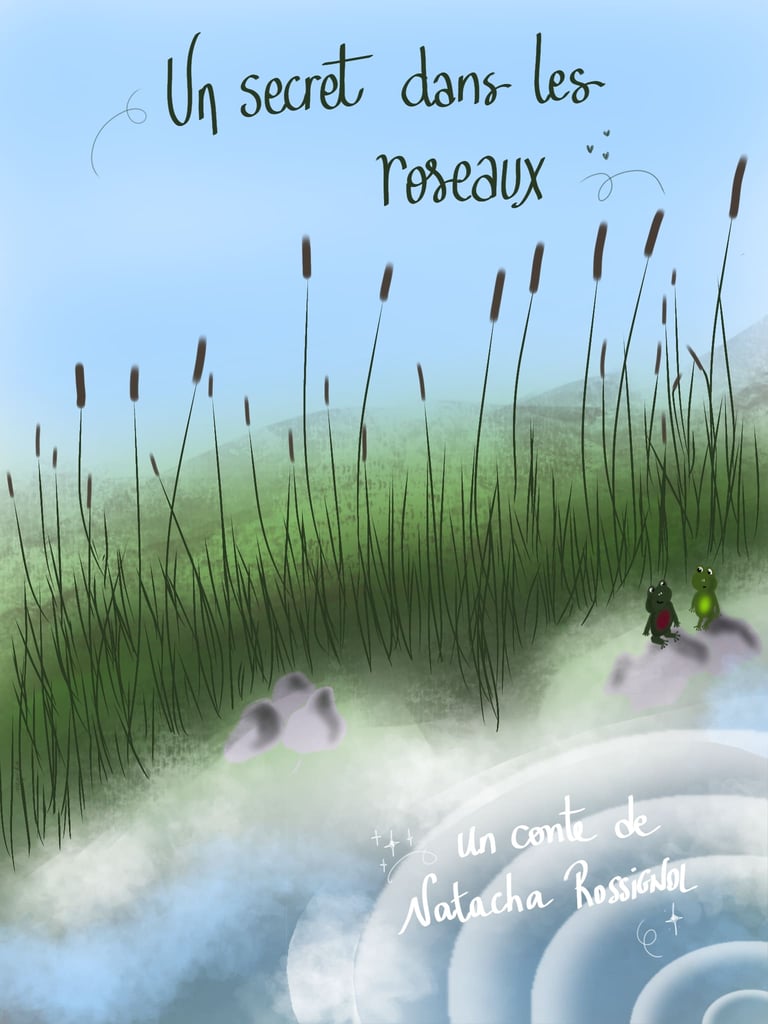 Illustration de roseaux au bord d’un étang sous la lune pour le conte Un secret dans les roseaux