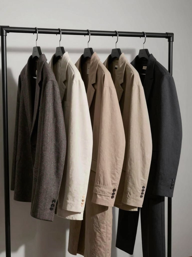 Minimalist metal rack holding a curated capsule collection of structured neutral-toned garments, high-contrast studio lighting, deep shadows