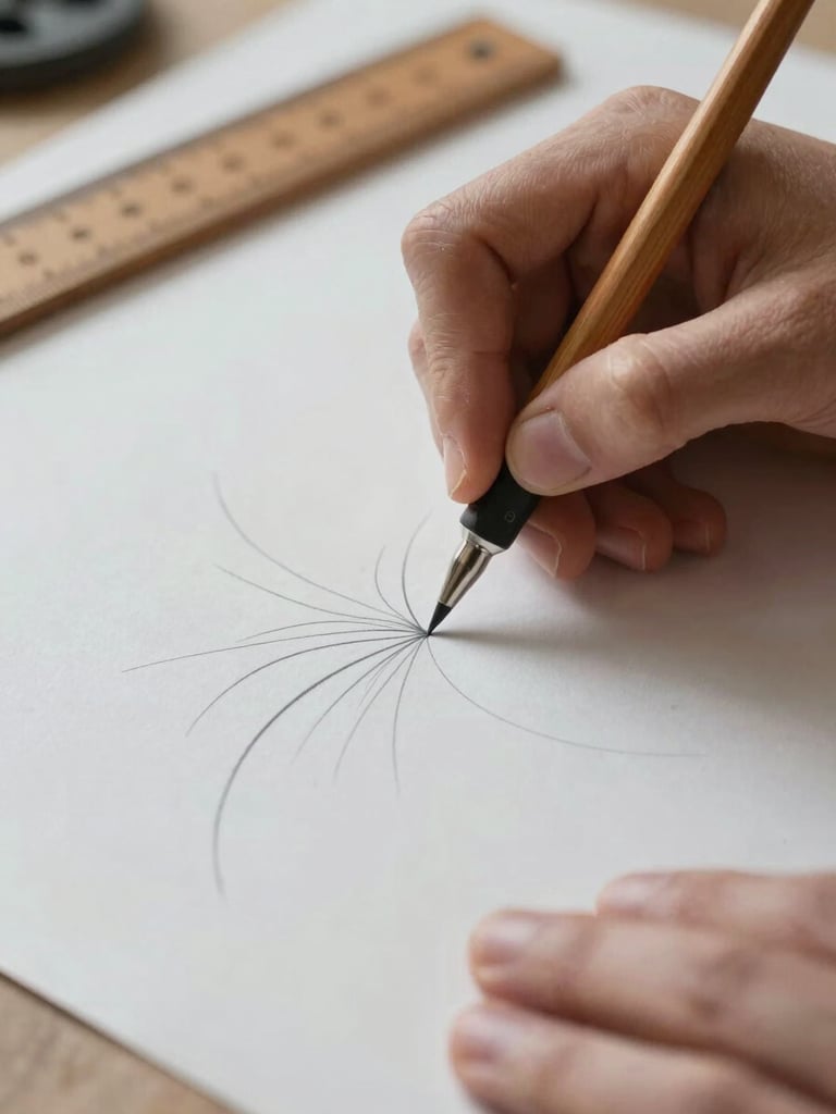 Close-up of hands drafting a pattern on heavy paper with a wooden ruler, soft natural light illuminating the paper grain.