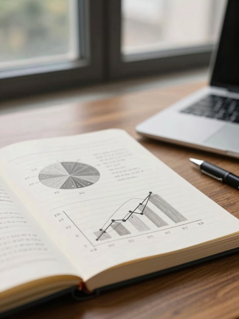 Close-up of a physical notebook with analytical diagrams, natural office window light, shallow depth of field, 50mm lens