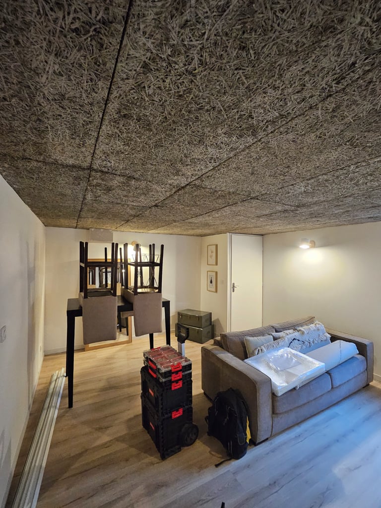 Plafond ancien avant rénovation à Lumbin (38) – pièce de vie