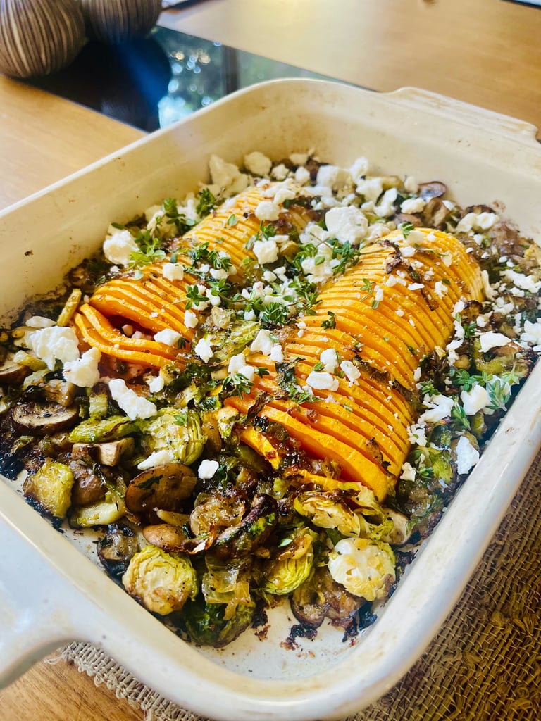 Hasselback Butternut with Brussels Sprouts & Feta
