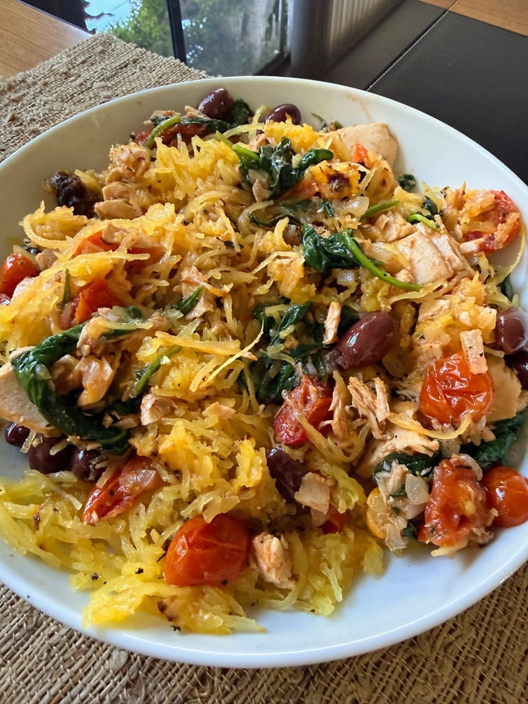 Spaghetti Squash with Tuna, Spinach & Cherry Tomatoes
