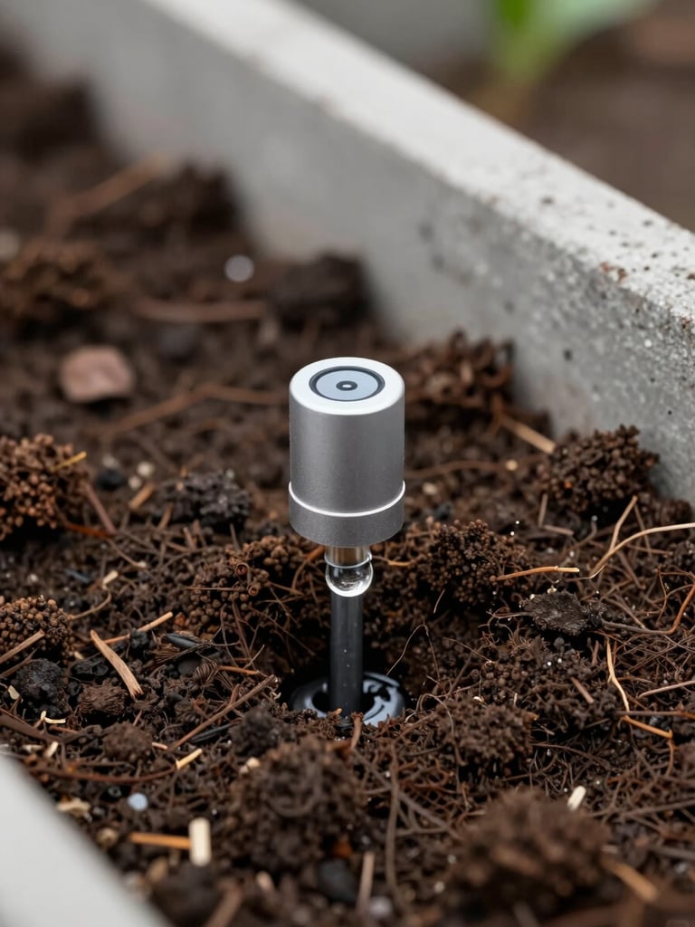 Macro shot of a high-tech drip irrigation sensor nestled in rich, dark composted soil, sharp focus on water droplet, modern concrete border in background.