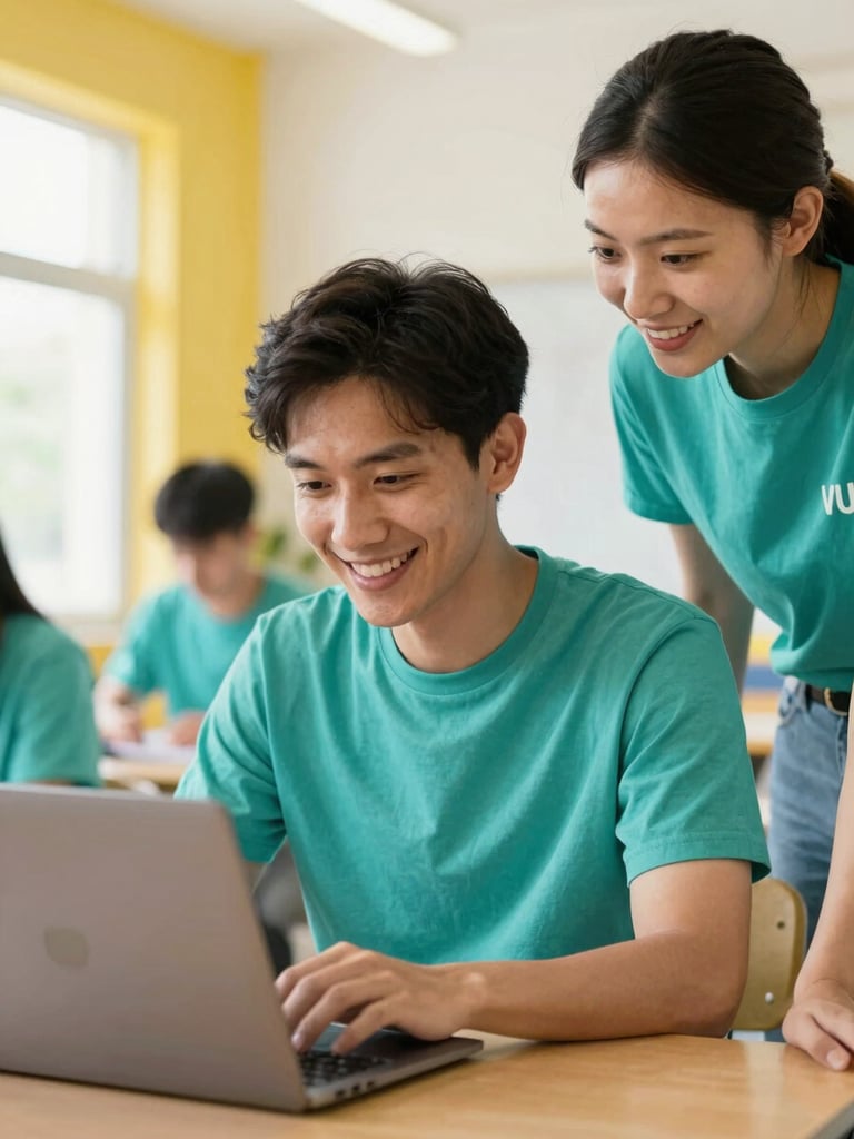 An adult learner smiling while working on a laptop computer, guided by a volunteer tutor in a bright, airy community center with yellow accents.