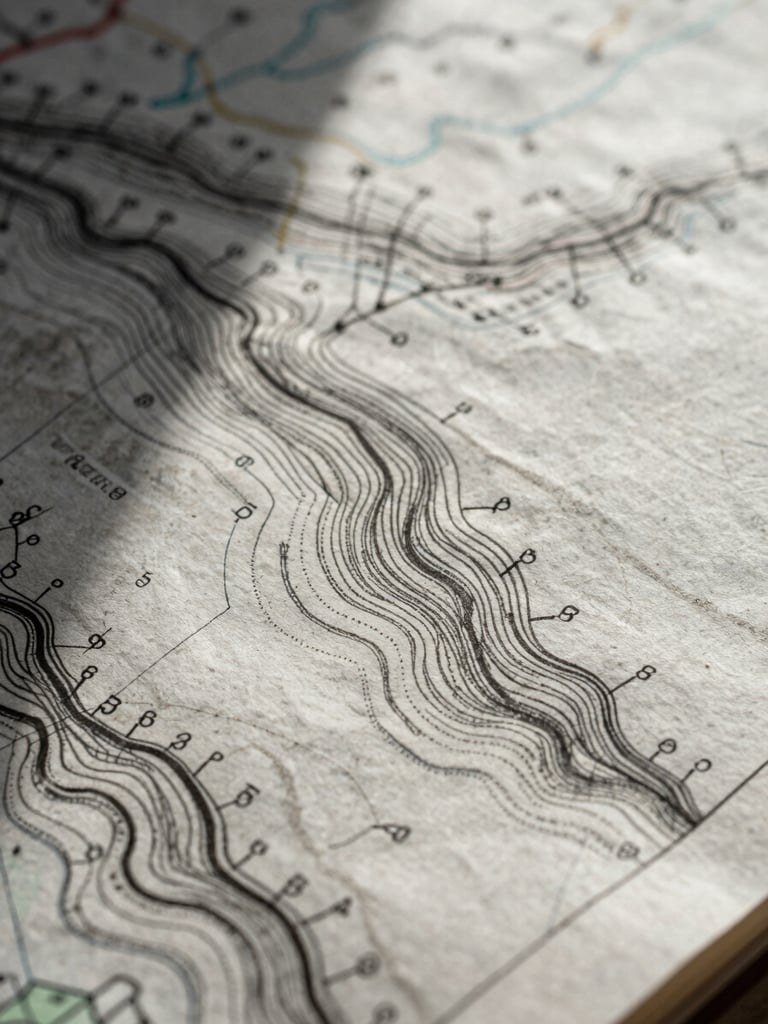 Extreme close-up of a hand-drawn topographical map on textured paper, showing contour lines and hand-written coordinates, soft side lighting casting deep shadows on the paper texture.
