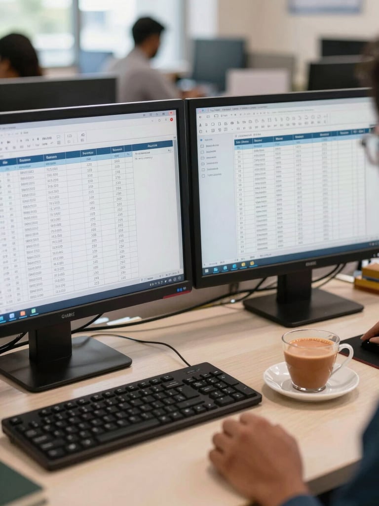 A busy Indian wholesale distribution office, dual monitors showing structured order tables next to a cup of hot chai, natural morning light, realistic editorial photography, 35mm lens