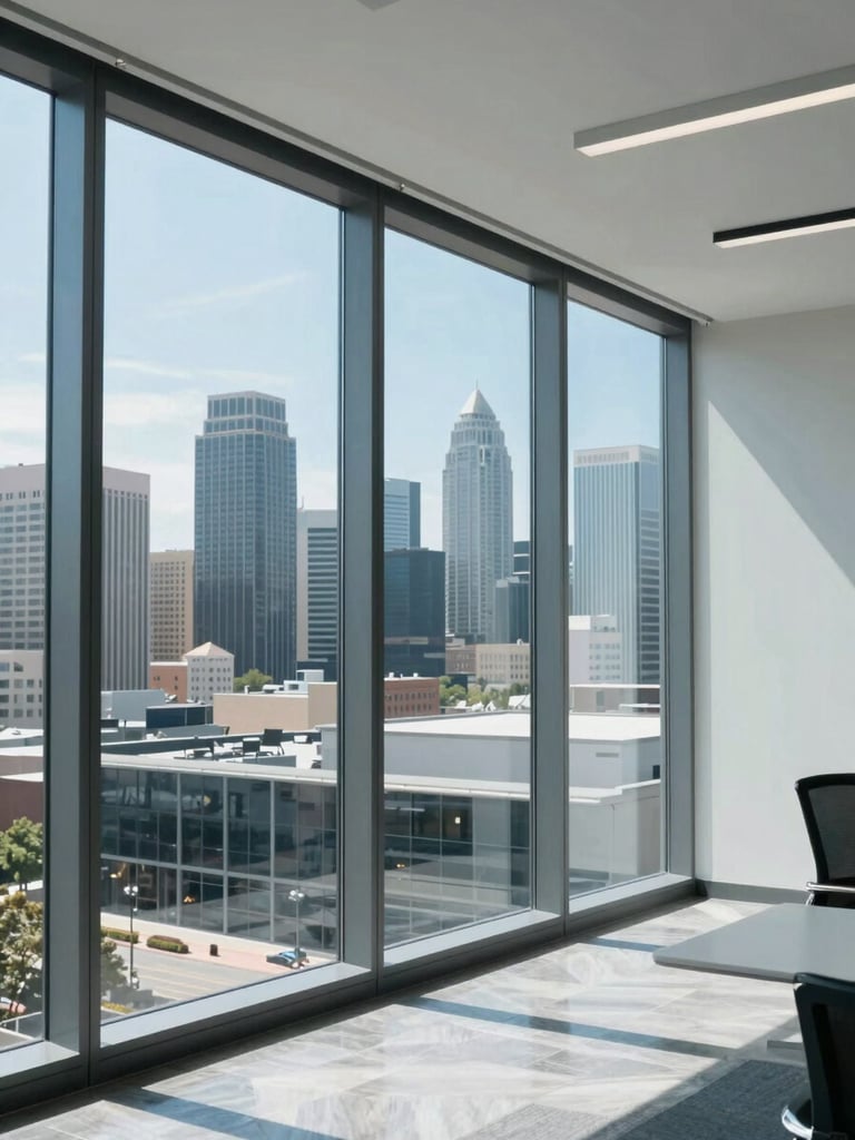 A sleek modern office space in Austin, Texas, with floor-to-ceiling windows showing the city skyline, clean daylight, cool blue and slate tones
