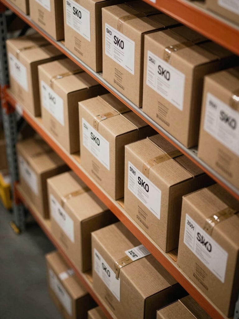 Overhead close-up of neatly organised branded product cartons and SKU labels on warehouse shelving under warm tungsten light, multiple category rows visible, goods in transit tags attached, no people, UAE logistics environment