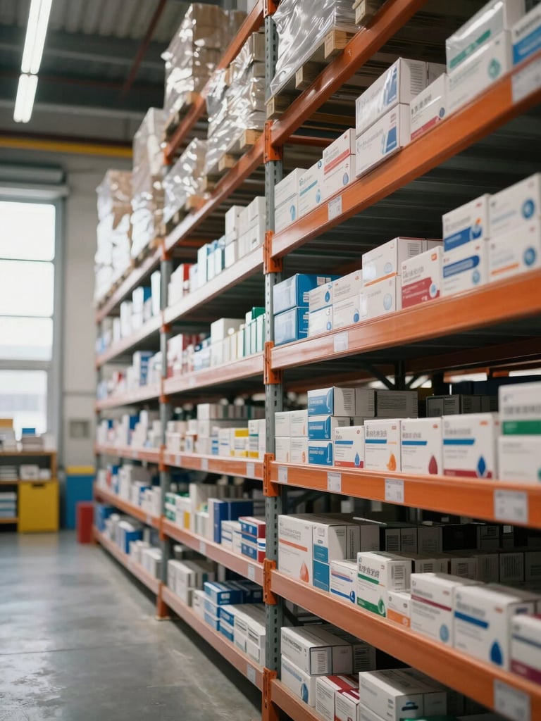 Wide shot of densely stocked warehouse shelving units filled with organized medicine boxes and pharmaceutical cartons, daylight streaming through high windows on the left, depth of shelves receding into the background