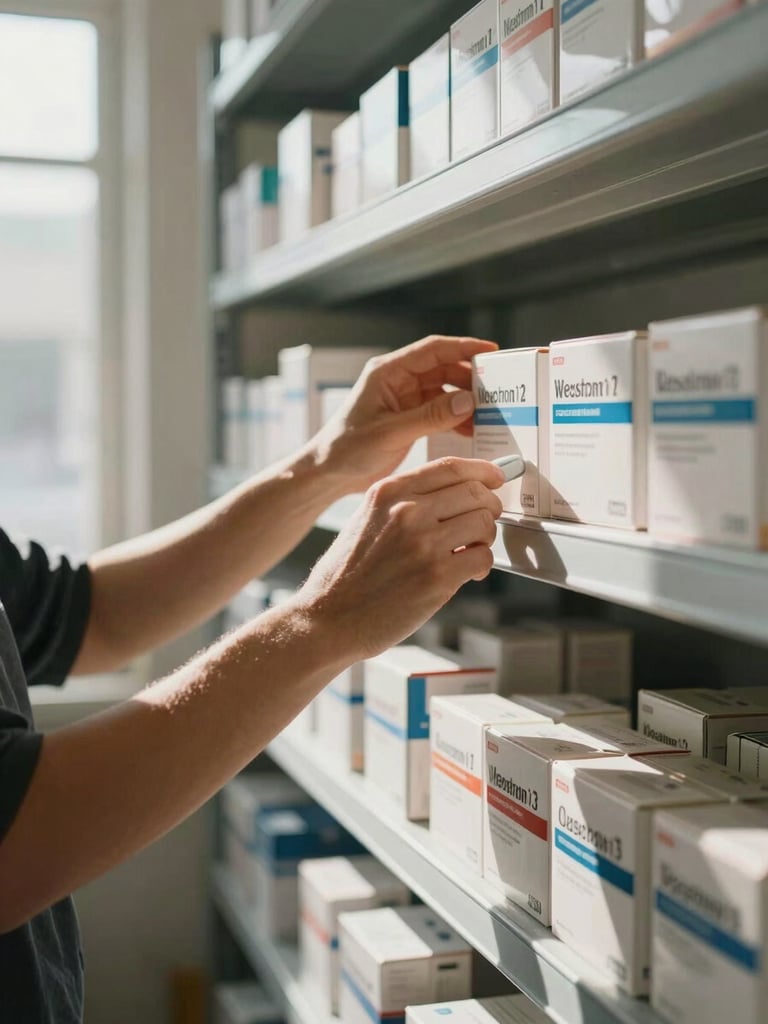 Medium-wide shot of hands organizing rows of medicine boxes on warehouse shelves, labels visible, daylight from a side window casting natural shadows, no staging