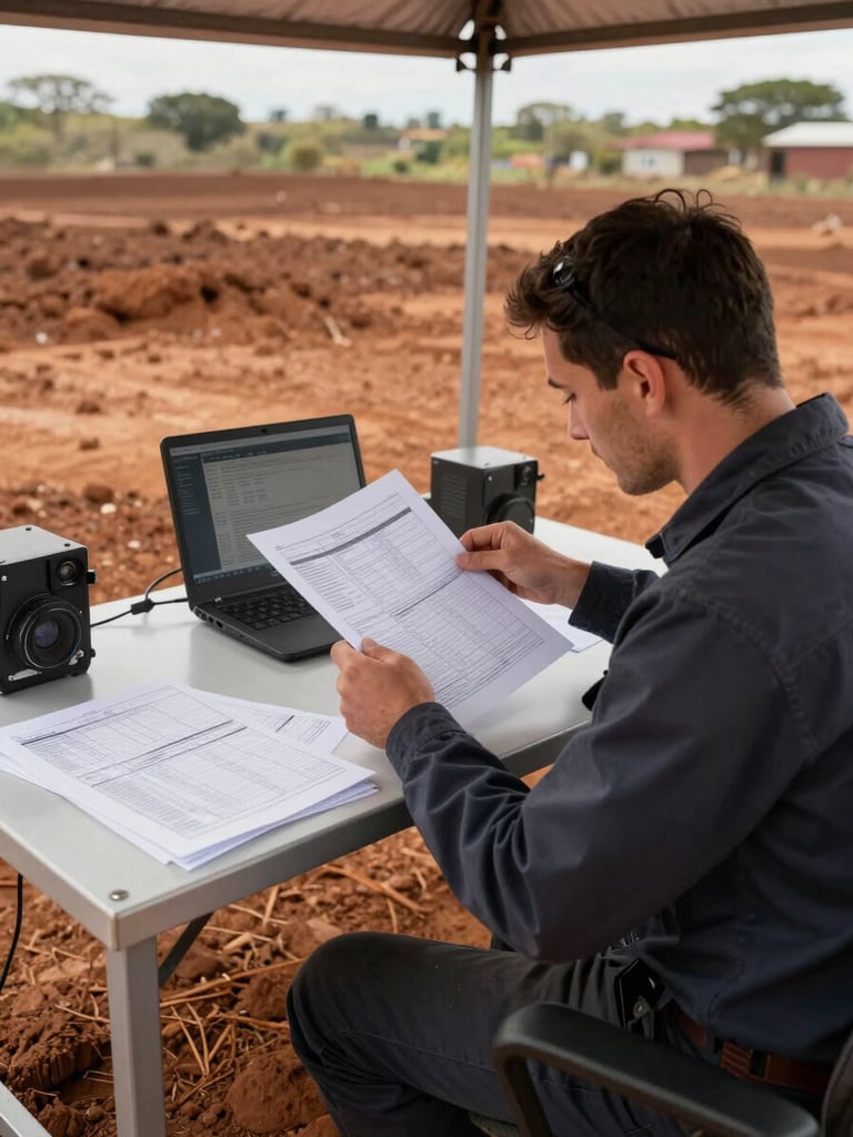 Wide environmental shot of an engineer seated at a field desk reviewing printed data sheets, laterite soil visible underfoot, natural daylight from an open site shelter, no staged poses, technical documents clearly in use