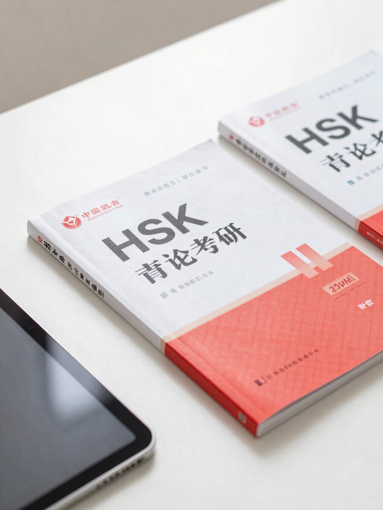 Bright editorial photography of official HSK study books and a digital tablet on a clean desk, soft natural daylight, crimson accents, 35mm