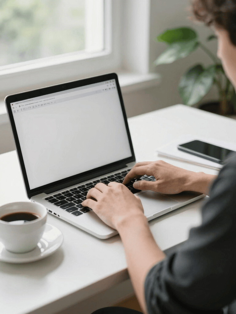 Over-the-shoulder shot of a clean modern workspace, hands typing on a sleek laptop, bright natural daylight, soft shadows, minimalist aesthetic
