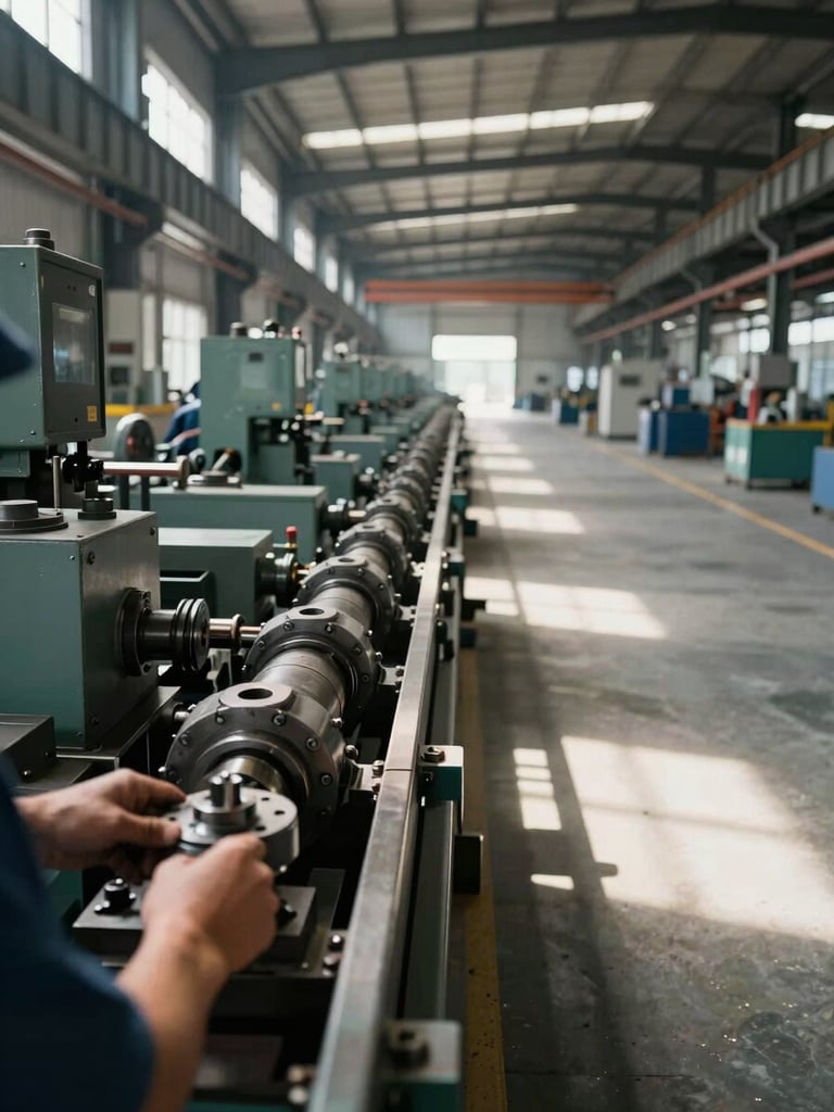 Wide panoramic factory floor interior, heavy industrial machinery in mid-operation to the left third, natural overhead shop lighting casting clean shadows across steel components, a worker's hands adjusting a fitting in the foreground, generous negative space to the right