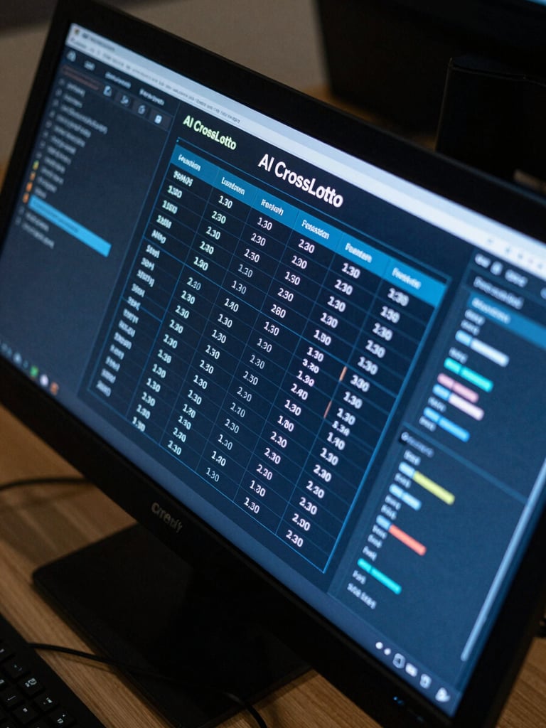 Overhead tight close-up of an agent dashboard screen displaying AI CrossLotto draw parameters and probability columns, electric blue UI highlights on dark interface, cool studio lighting, no hands, no people