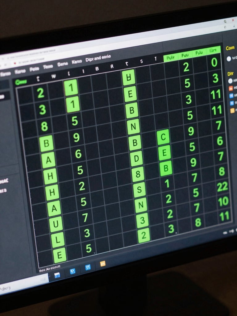 Tight overhead close-up of a dark monitor showing AI Keno spot-selection interface with real-time payout grid, neon green accent highlights on probability cells, cool high-contrast studio lighting, no people