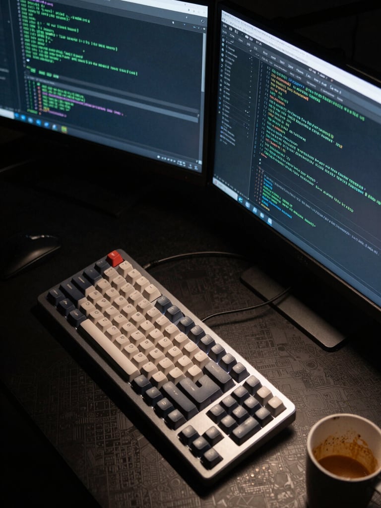 Overhead close-up of a developer workspace under cool studio strobe light — a mechanical keyboard, two monitors displaying agent configuration code, terminal windows with green-on-black output, a half-empty coffee cup at the edge of frame. Shot from directly above, tight framing, no person visible, infrastructure and process are the subject.
