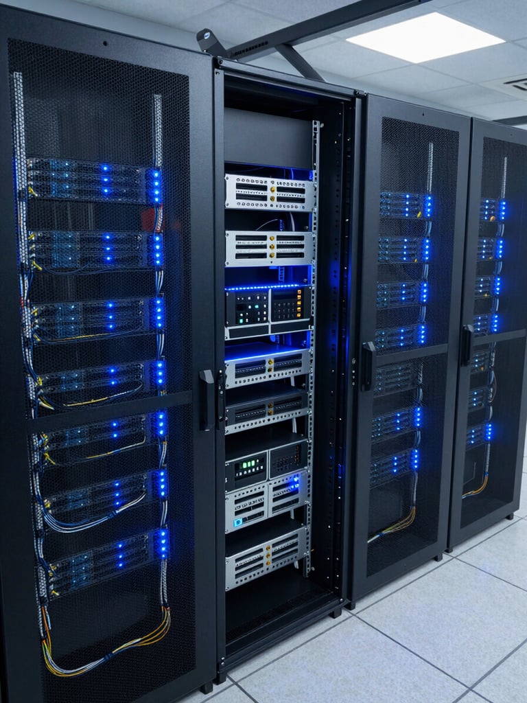 Wide overhead shot of a clean server infrastructure rack in a cool-lit data center, electric blue LED status indicators along rack units, cables organized in tight channels, no people, high contrast cool daylight from above