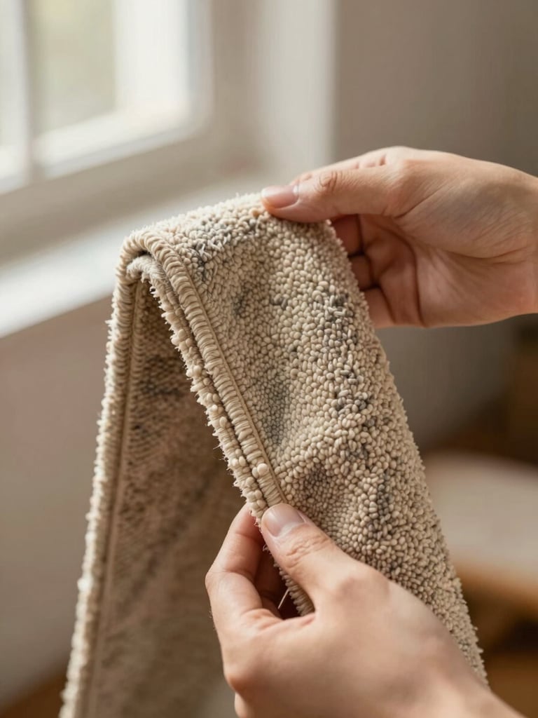 Close-up of hands holding a folded carpet edge to reveal pile depth and knot structure, warm north-facing window light, material texture as focal point, no styled lifestyle elements