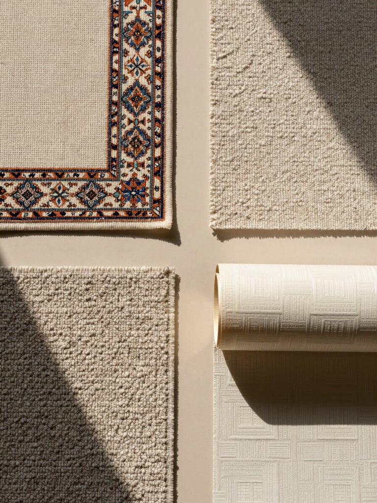 Extreme close-up flat-lay of four material swatches arranged in a grid on a warm ivory surface — a woven curtain fabric, an oriental carpet corner showing hand-knotted pile, a broadloom carpet section with dense loop texture, and a rolled wallpaper sample revealing an embossed geometric pattern, soft north-facing daylight, no shadows