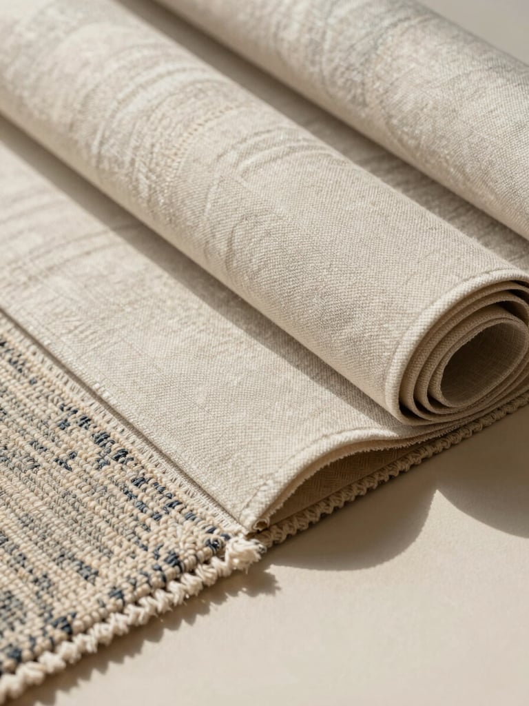 Wide flat-lay of layered interior material samples — heavyweight linen curtain fabric folded beside a hand-knotted carpet corner and a rolled wallpaper sheet, shot under soft north-facing daylight on a warm ivory surface, extreme close-up revealing weave texture and pattern detail