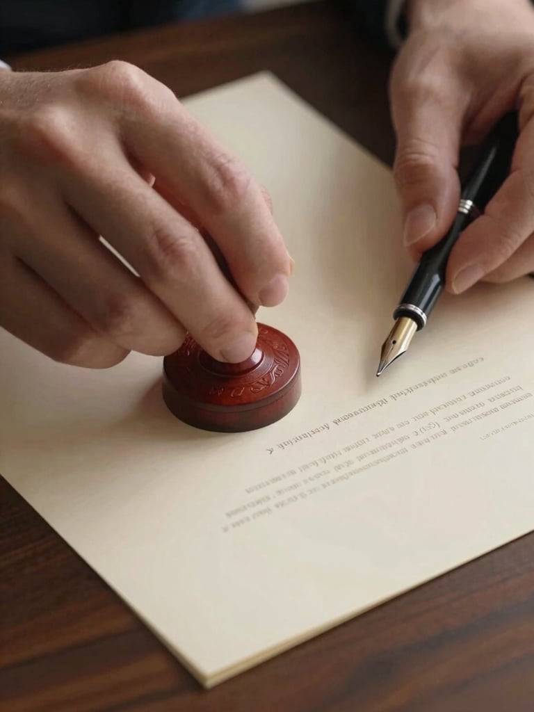 Close-up of a notarial seal being pressed onto an official document on a dark wooden desk, hands steady and precise, a fountain pen resting beside the document, studio lighting revealing embossed detail on the seal face, cream-toned paper, deep shadows