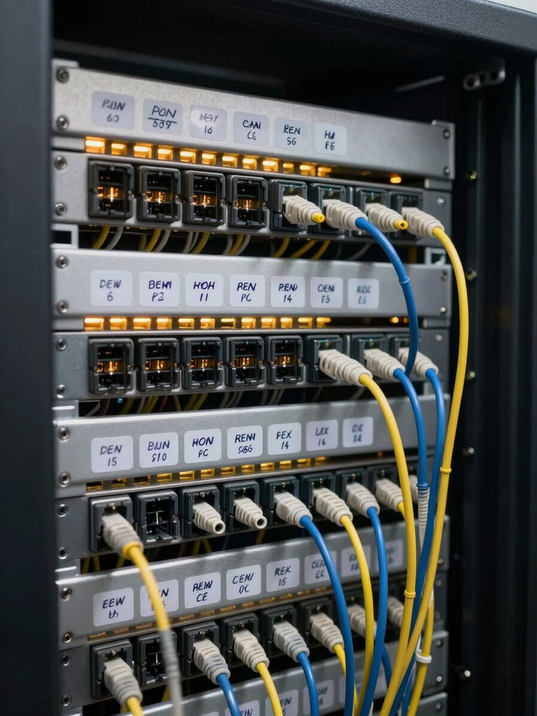 Close-up portrait of a structured cabling patch panel inside a server room cabinet, individual cable terminations labeled with handwritten tags, lit by the ambient glow of rack-mounted equipment, real installation environment