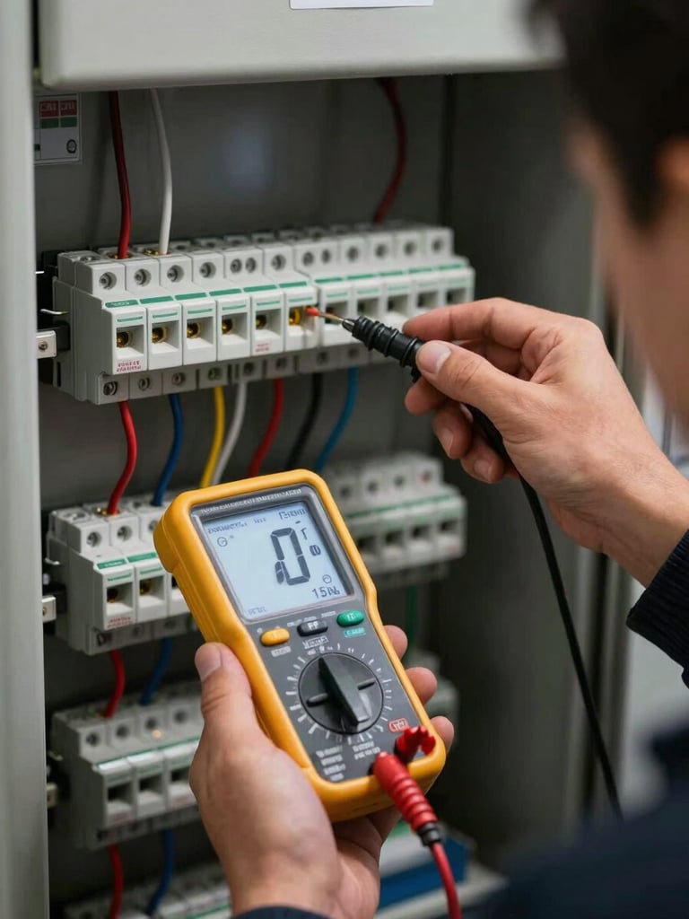 Technician hands operating a handheld test meter connected to a fire alarm loop terminal strip inside an open control panel, work-light illumination, model numbers and wiring labels clearly visible
