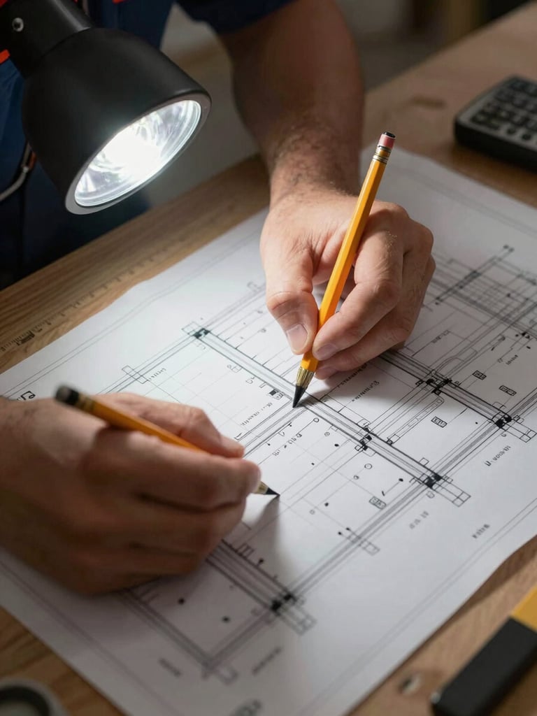 Close-up overhead view of a technician's hands marking conduit paths on a building floor plan spread across a site table, work-light illumination, pencil annotations and measurement notes visible