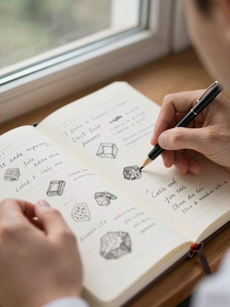 Close-up portrait framing of a researcher's hands turning pages of a dense field notebook filled with pencil diagrams and mineral sample notations, natural north-facing daylight from a window, textured paper and handwriting in sharp focus