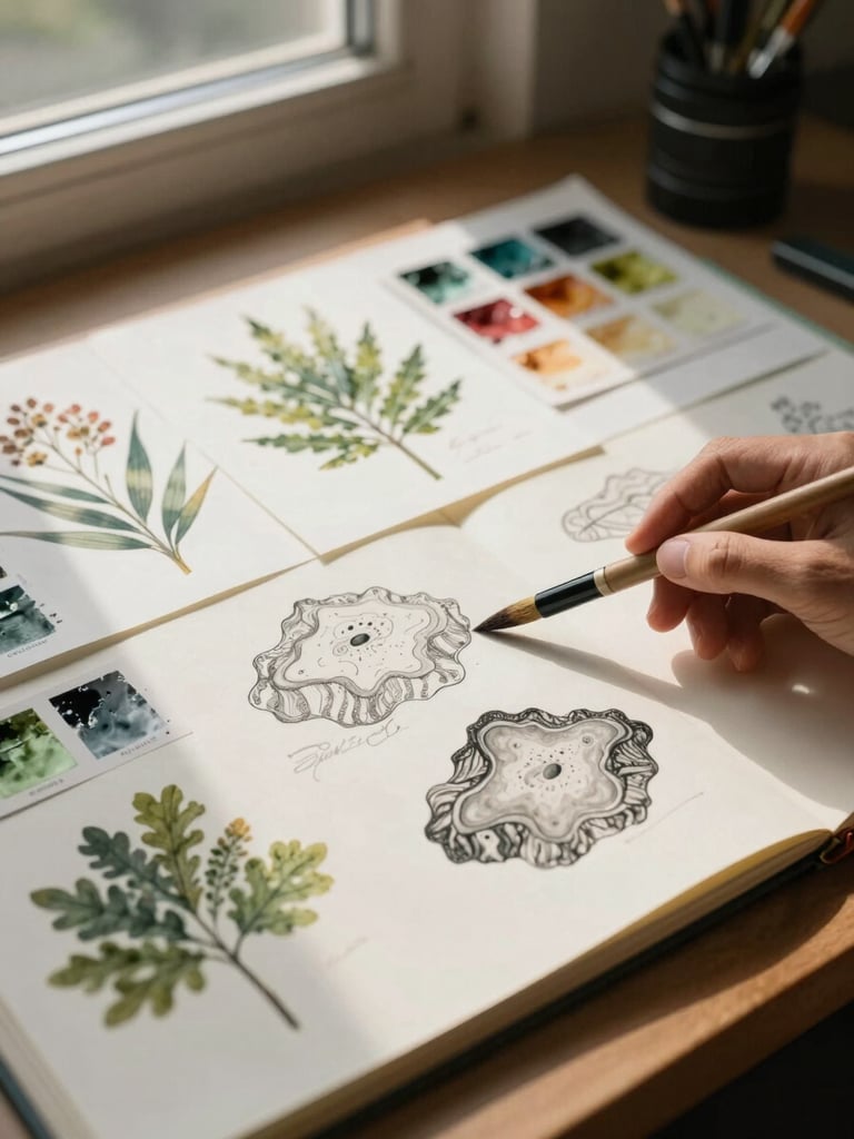 Close-up of a studio work surface — layered botanical prints, pigment swatches, and annotated geological sketches arranged under warm north-facing window light, a brush resting mid-composition across an open sketchbook