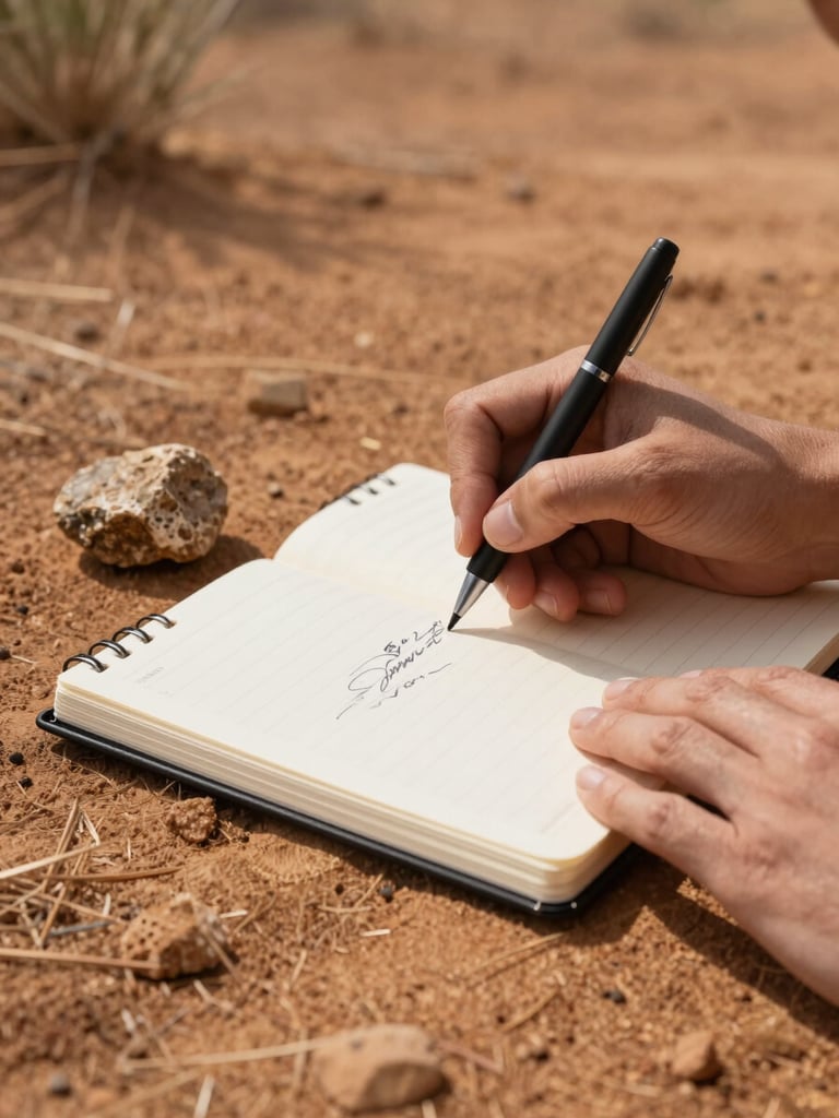 Portrait-framed shot of hands writing in a field notebook, a small rock specimen resting beside it on dry ochre earth, natural north-facing daylight, ink marks visible mid-page, warm and precise