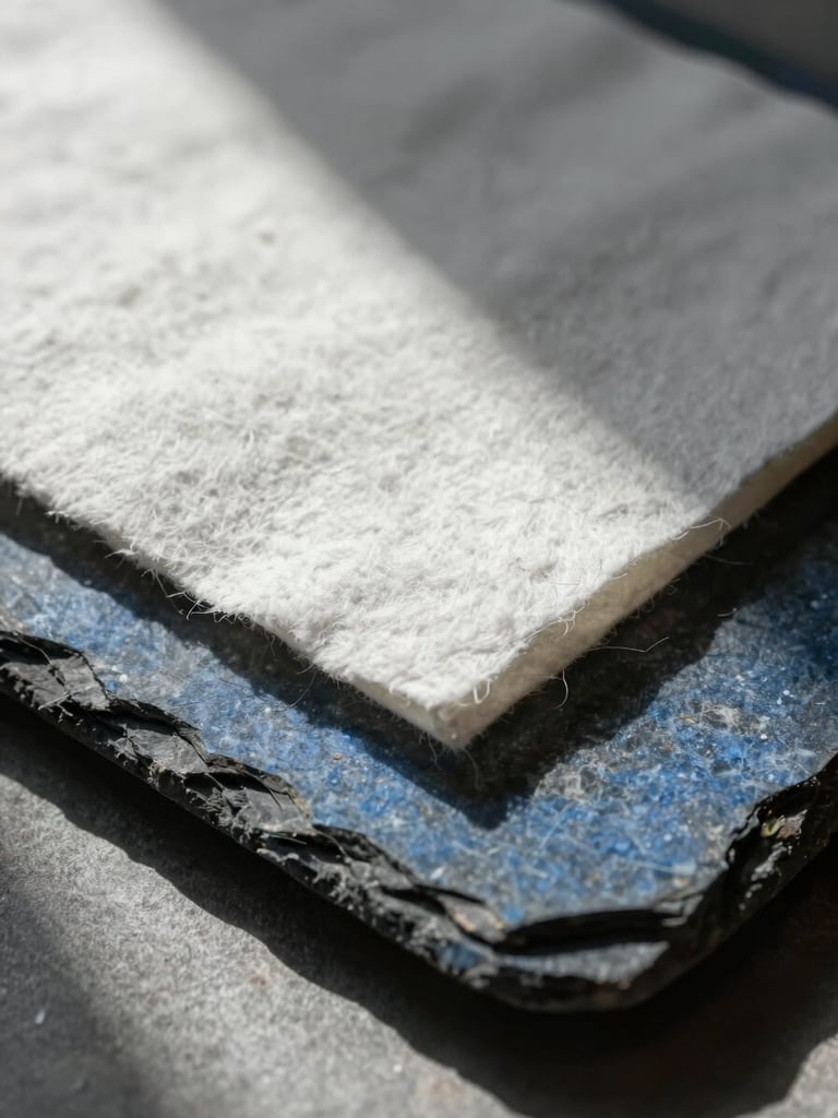 Macro shot of heavy, textured cotton paper stock resting on a raw slate blue stone block, sharp directional sunlight casting deep geometric shadows.