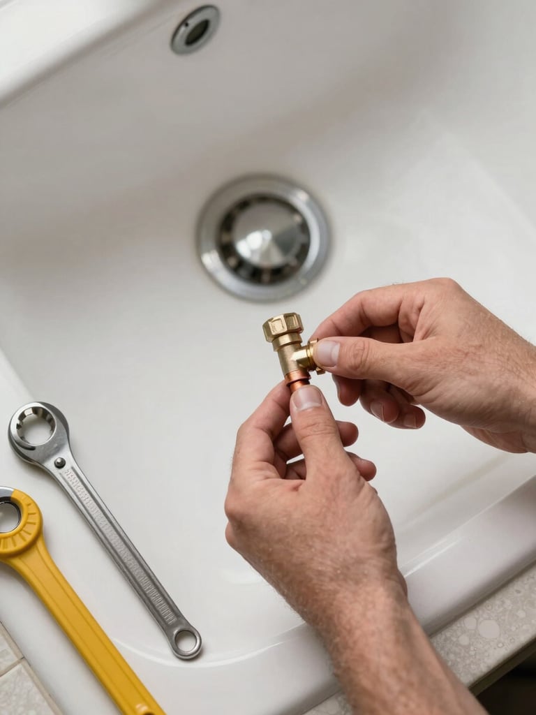 Close-up overhead flat-lay of a plumber's hands tightening a copper pipe joint under a sink, clean white ceramic basin visible, daylight filtering in, tools arranged neatly on the tiled floor beside the work area