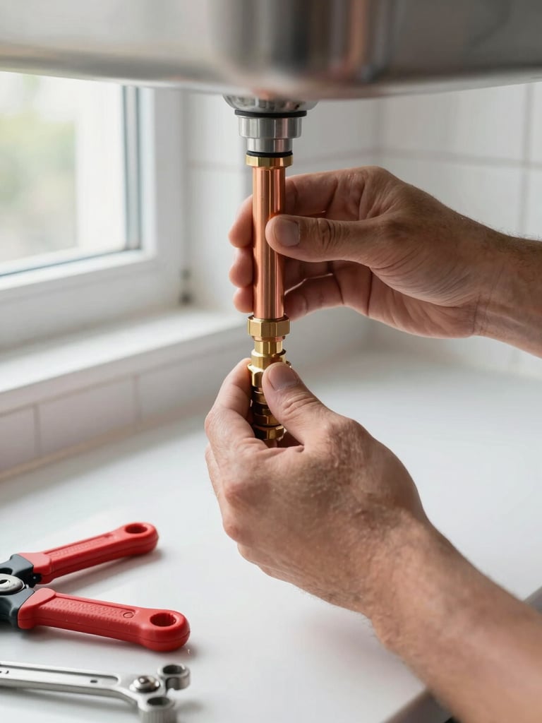Close-up of a plumber's hands tightening a copper pipe fitting under a kitchen sink, clean white tile background, natural daylight from a nearby window, tools laid neatly on the counter in sharp focus