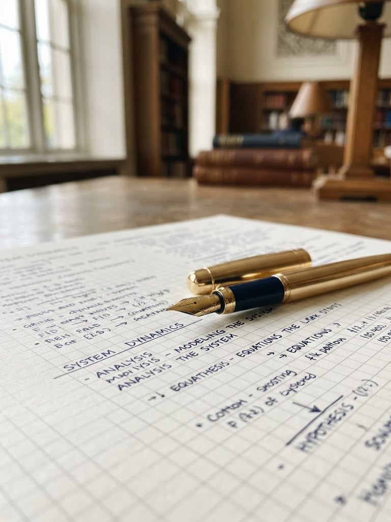 Close-up of structured academic notes on textured cotton paper, a gold fountain pen resting on a clean grid layout, soft side lighting from a library window, shallow depth of field.