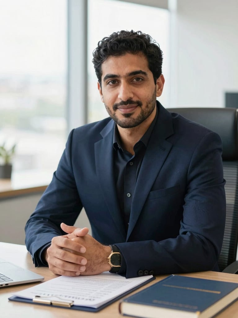 A professional environmental portrait of Amin Rafiki in a bright, modern office setting, looking approachable, with books and structured notes on a table, soft natural daylight, premium look