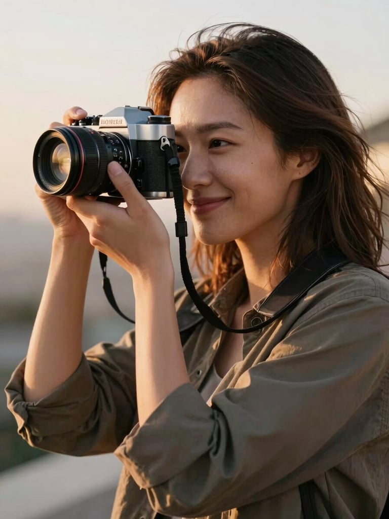 A candid portrait of a female photographer with warm golden hour light catching her hair, holding an analog film camera, relaxed and smiling away from the camera in an outdoor setting.