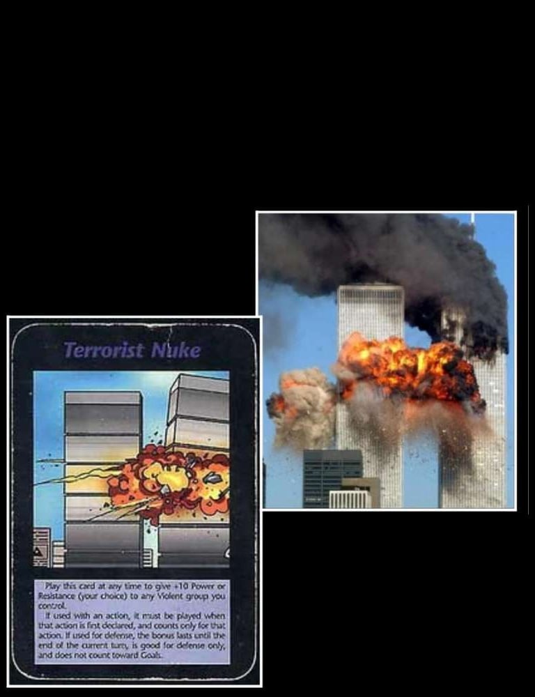 Uma foto de 2001 ao lado da Carta de 1995 mostrando as torres gêmeas e o pentágono pegando fogo no d