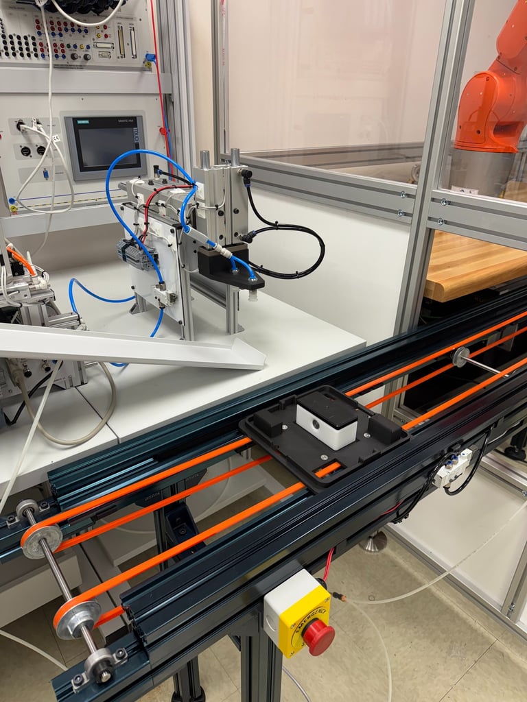 Custom made pick and place integrated with a robot cage and our transport pallet conveyor