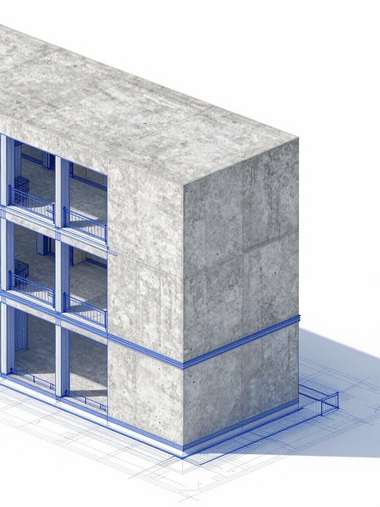 Precise architectural axonometric wireframe of a concrete building junction, clean digital rendering, blueprint-blue accents, technical drawing style