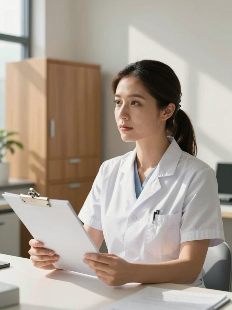 A medium portrait of a female dermatology practitioner in a warm, sunlit clinical office in Middle Tennessee, looking thoughtfully at a medical chart, soft natural daylight from a nearby window, clean minimalist background with a warm oak cabinet.