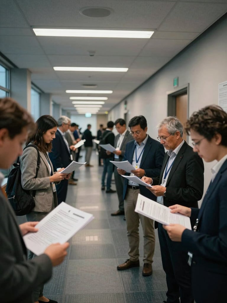 Wide shot of a policy forum hallway, delegates in background consulting printed briefing documents, institutional architecture, cool overhead lighting, no posed figures