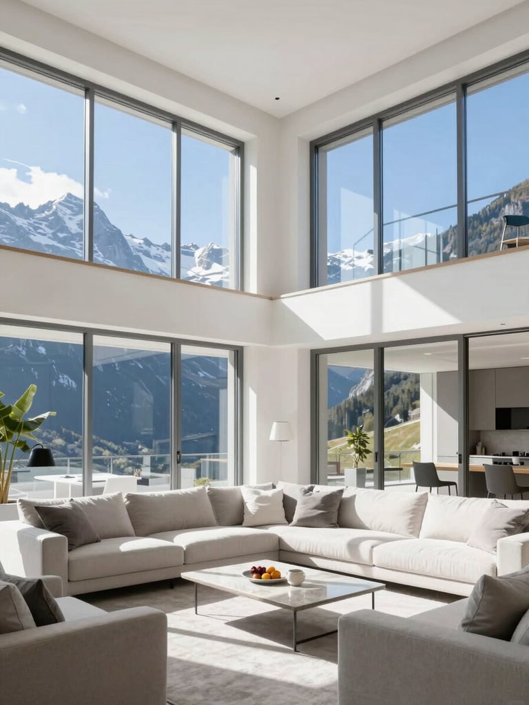 Bright modern Swiss villa living room with immaculate large glass windows, natural alpine daylight streaming in, pristine white surfaces, sharp focus, 35mm lens