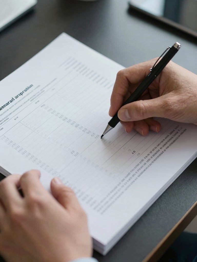 Close-up overhead of hands turning pages of a printed financial report on a dark desk surface, a mechanical pencil resting beside the document, even cool office lighting from above, sharp document edges visible