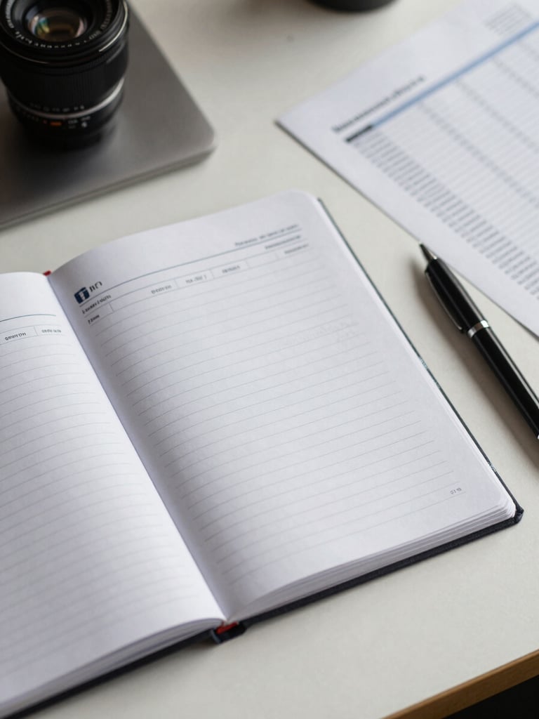 Overhead close-up of a clean desk surface: open financial ledger, a closed notebook, and a pen resting beside printed spreadsheets under even diffused office daylight — no people, no screens